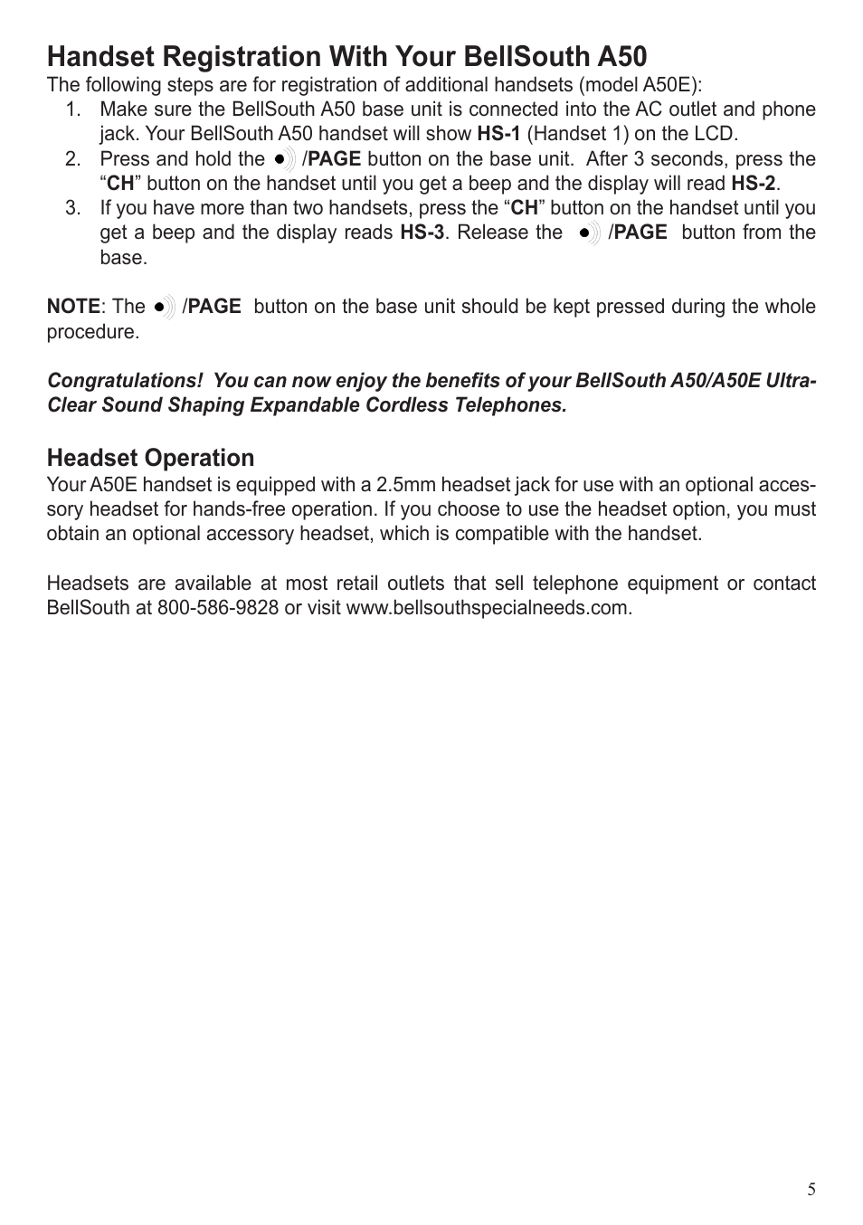Handset registration with your bellsouth a50, Headset operation | BellSouth A50E User Manual | Page 5 / 9
