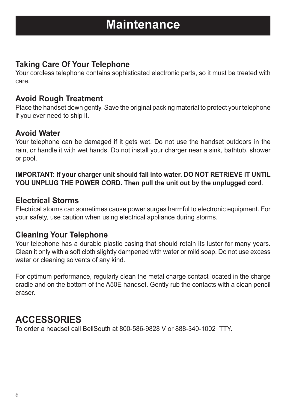 Maintenance, Accessories | BellSouth A50E User Manual | Page 6 / 9