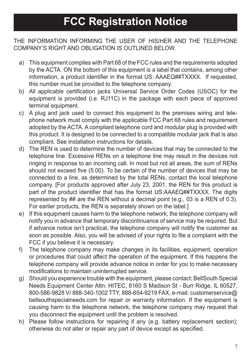 Fcc registration notice | BellSouth A50E User Manual | Page 7 / 9