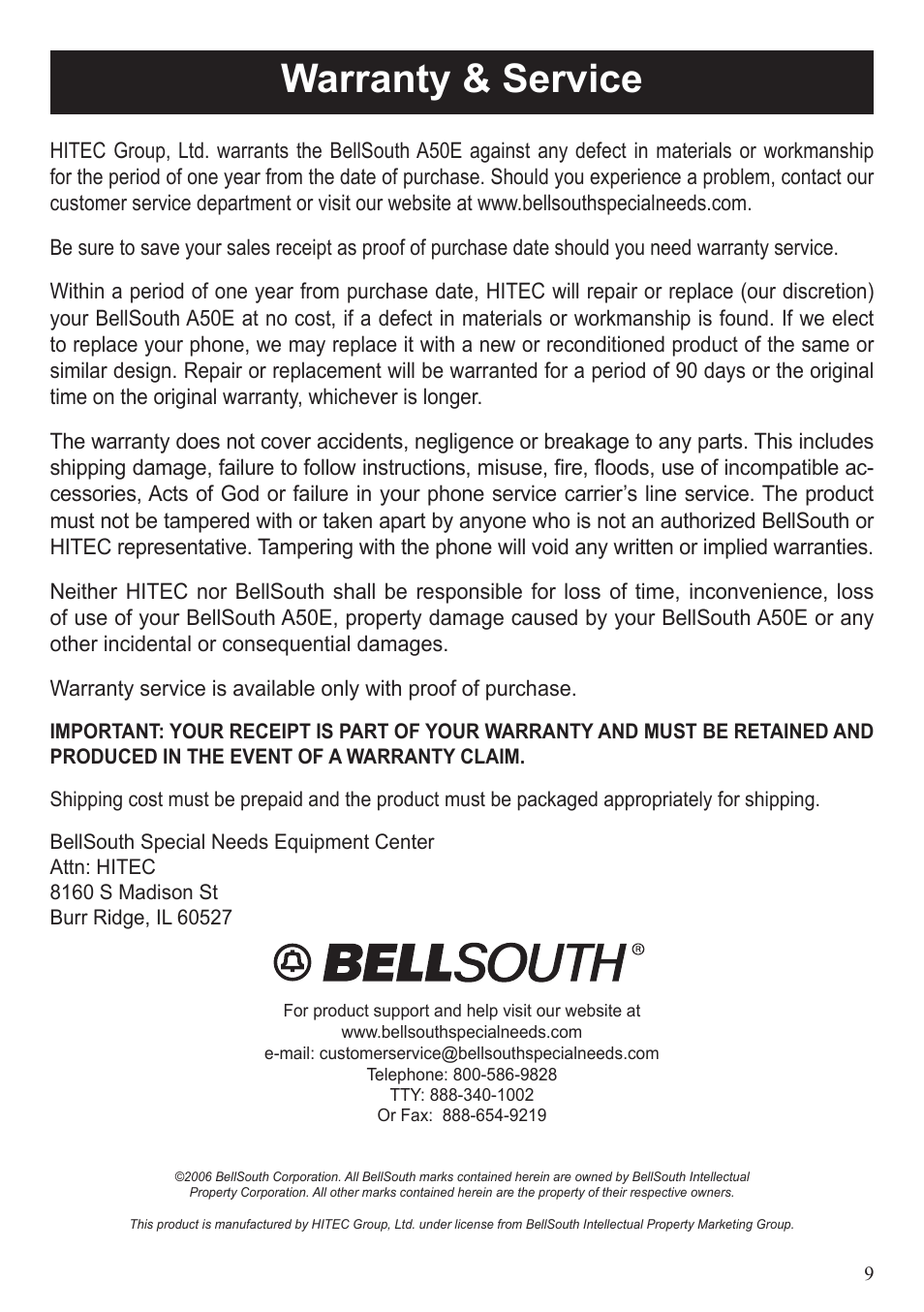 Warranty & service | BellSouth A50E User Manual | Page 9 / 9
