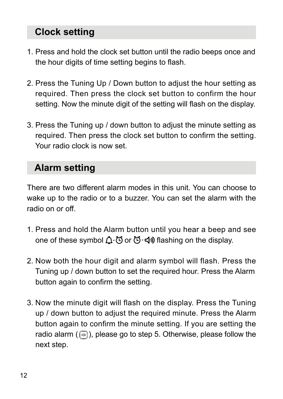 Clock setting, Alarm setting | Sangean PR-D18 (V1) User Manual | Page 13 / 17