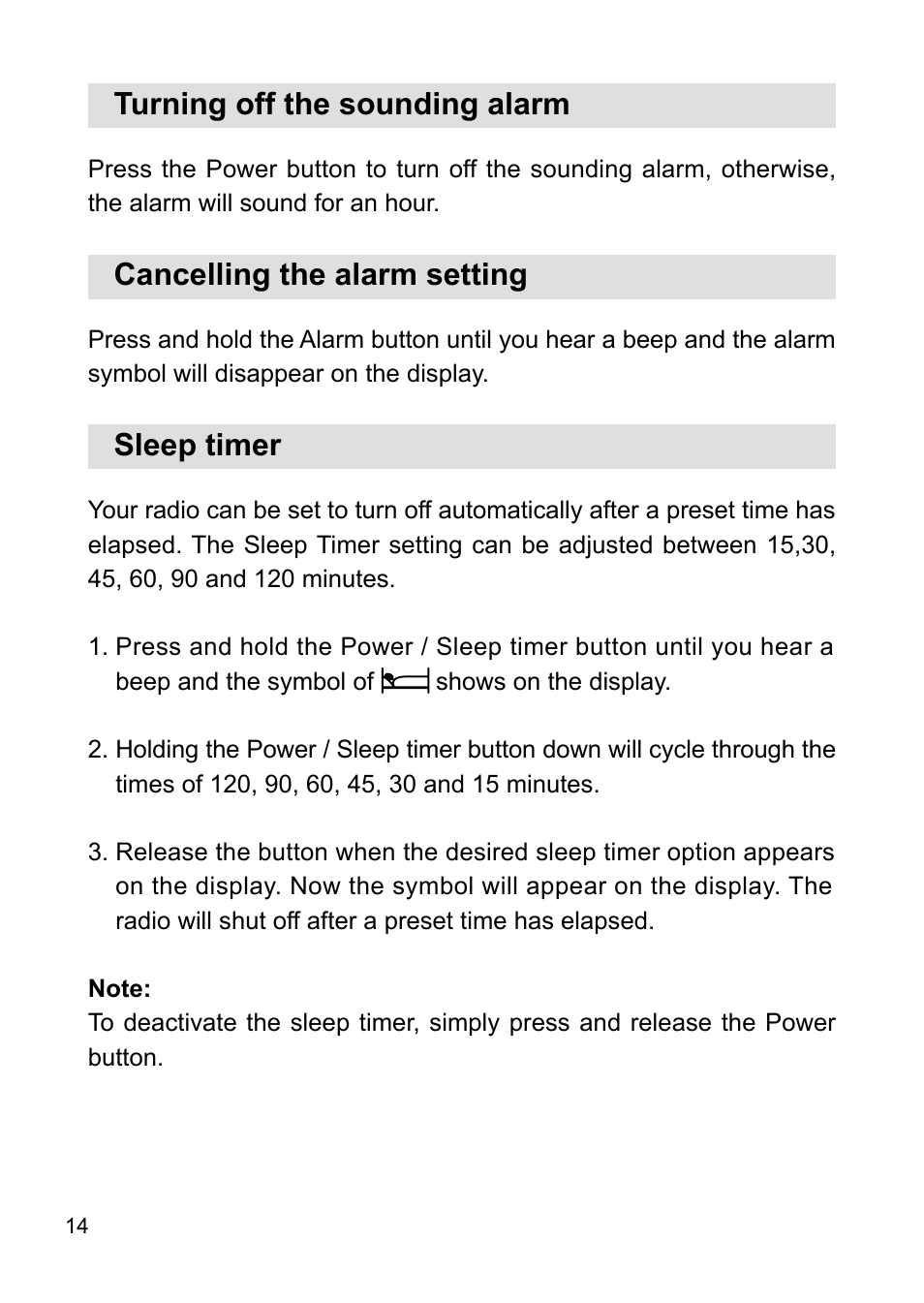 Turning off the sounding alarm, Cancelling the alarm setting, Sleep timer | Sangean PR-D18 (V1) User Manual | Page 15 / 17