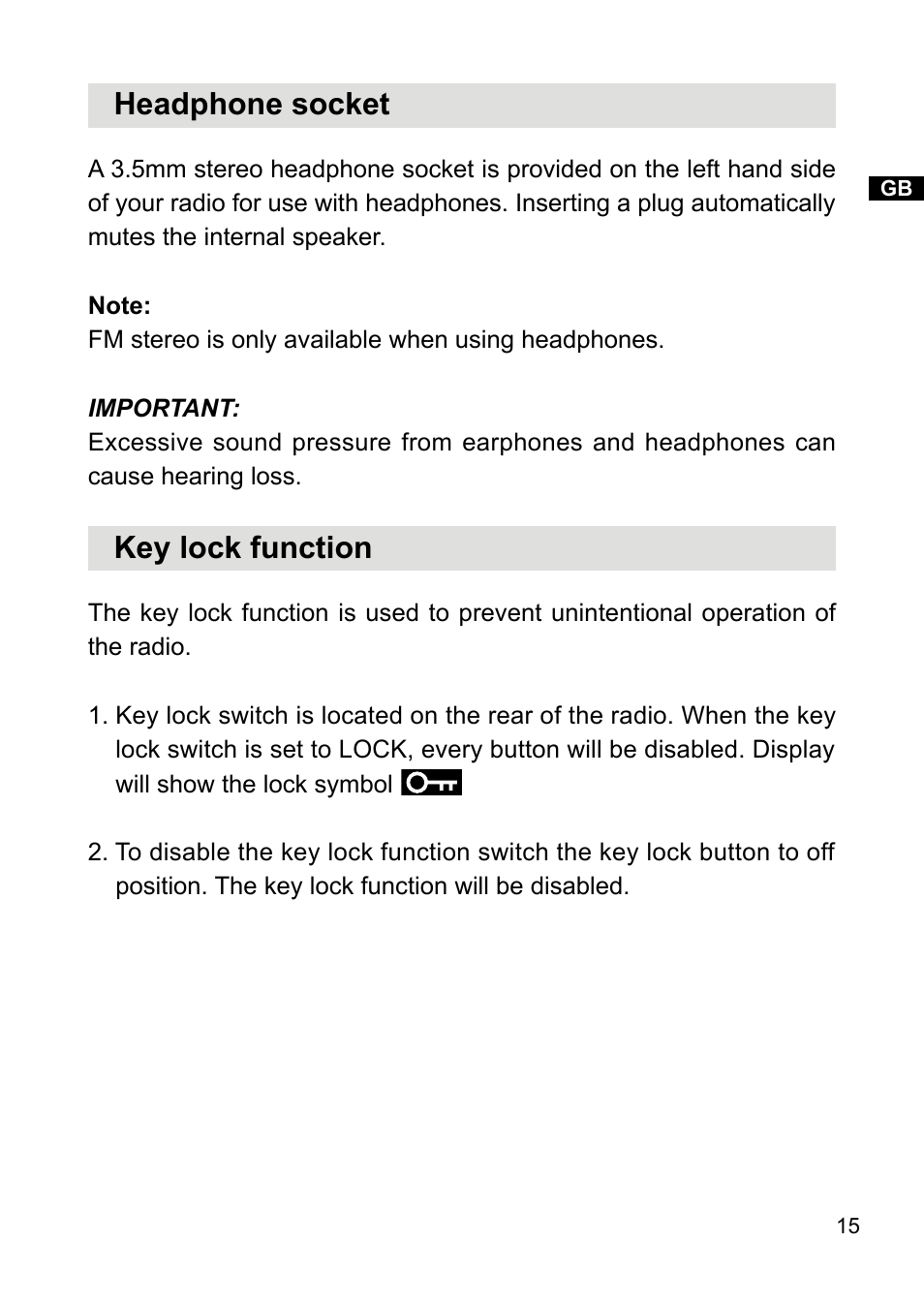 Headphone socket, Key lock function | Sangean PR-D18 (V1) User Manual | Page 16 / 17