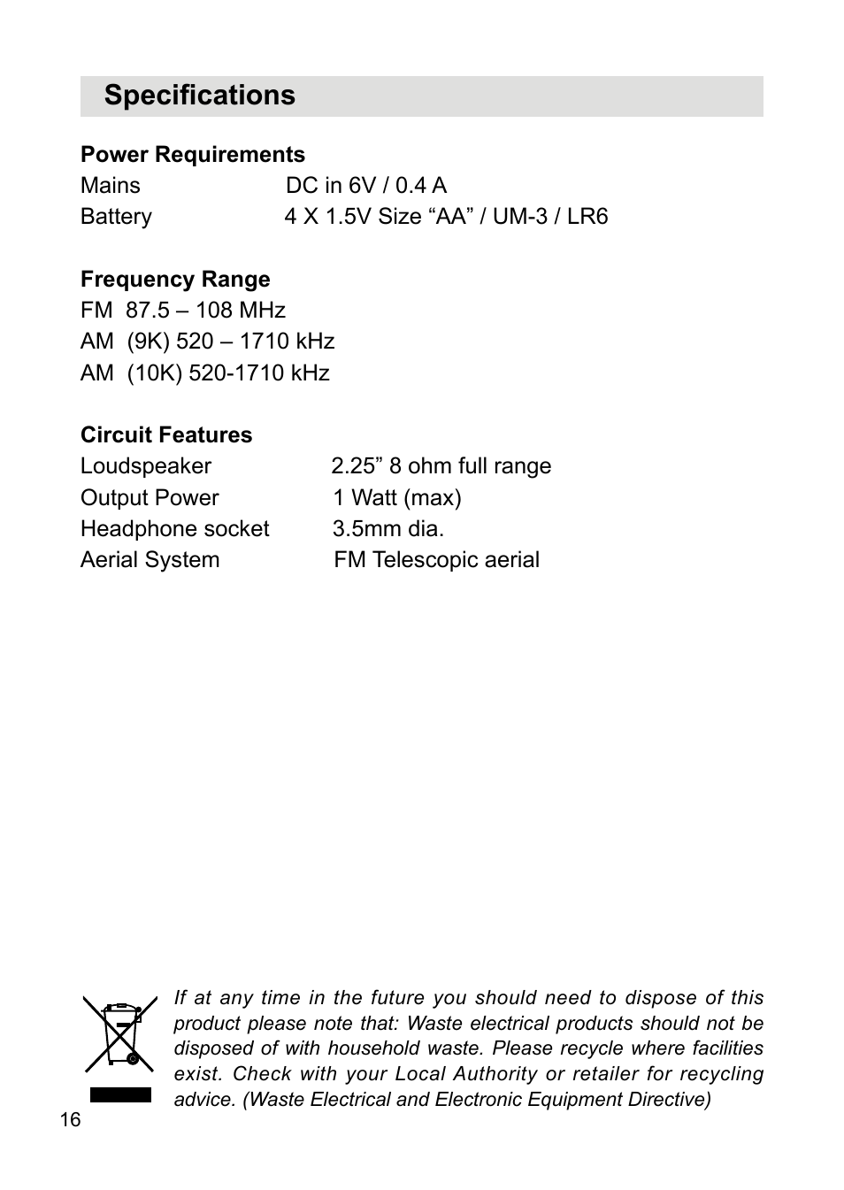 Specifications | Sangean PR-D18 (V1) User Manual | Page 17 / 17