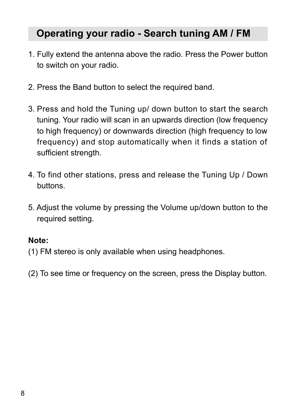 Operating your radio - search tuning am / fm | Sangean PR-D18 (V1) User Manual | Page 9 / 17