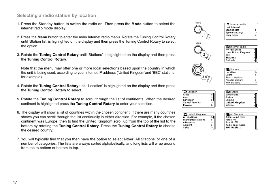 Selecting a radio station by location | Sangean WFR-29D (R1) User Manual | Page 18 / 84