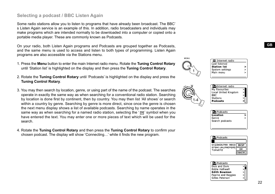 Selecting a podcast / bbc listen again | Sangean WFR-29D (R1) User Manual | Page 23 / 84