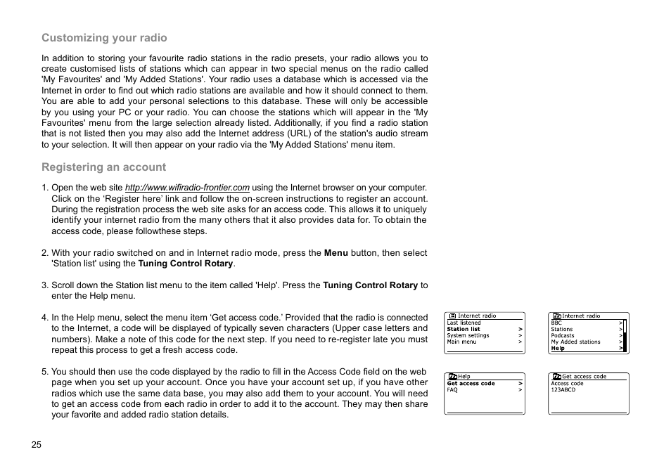 Customizing your radio, Registering an account | Sangean WFR-29D (R1) User Manual | Page 26 / 84