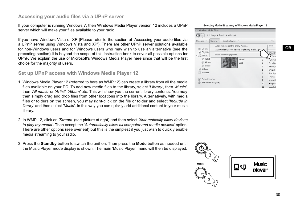 Accessing your audio files via a upnp server, Set up upnp access with windows media player 12 | Sangean WFR-29D (R1) User Manual | Page 31 / 84
