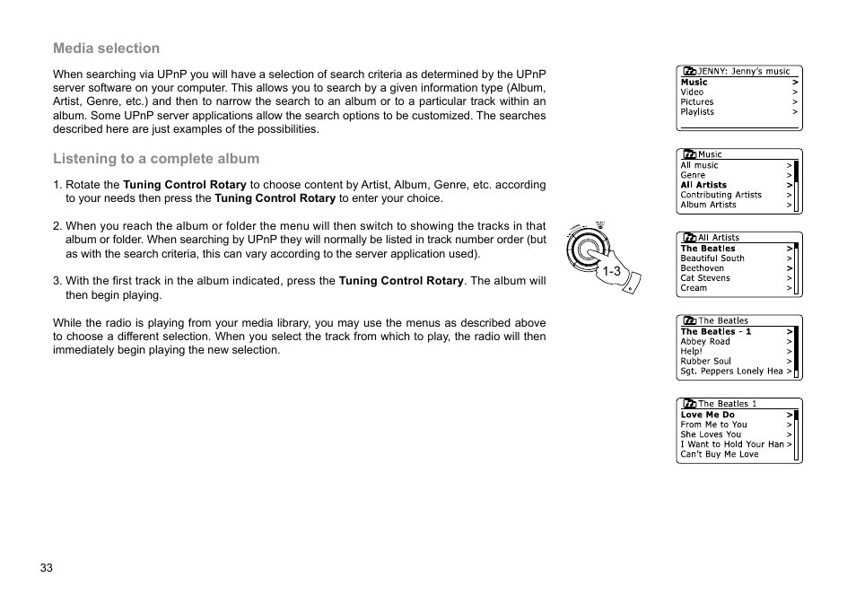 Media selection, Listening to a complete album | Sangean WFR-29D (R1) User Manual | Page 34 / 84