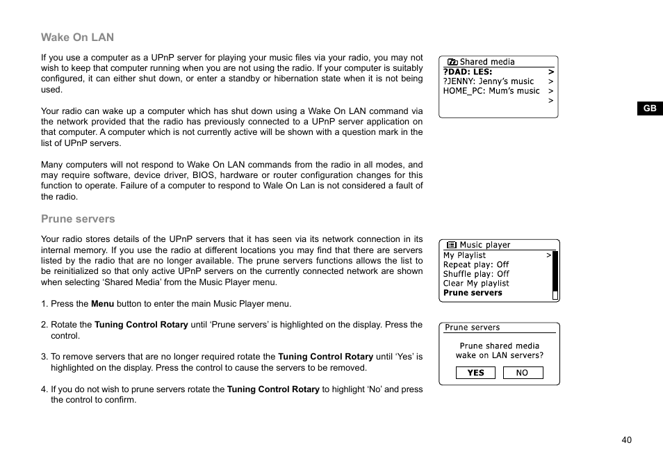 Wake on lan, Prune servers | Sangean WFR-29D (R1) User Manual | Page 41 / 84