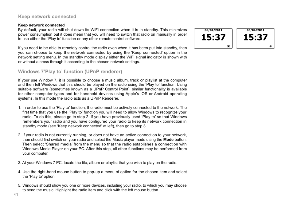 Keep network connected, Windows 7’play to’ function (upnp renderer) | Sangean WFR-29D (R1) User Manual | Page 42 / 84