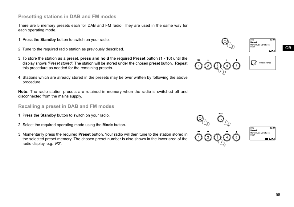 Presetting stations in dab and fm modes, Recalling a preset in dab and fm modes | Sangean WFR-29D (R1) User Manual | Page 59 / 84