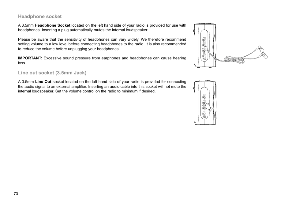 Headphone socket, Line out socket (3.5mm jack) | Sangean WFR-29D (R1) User Manual | Page 74 / 84