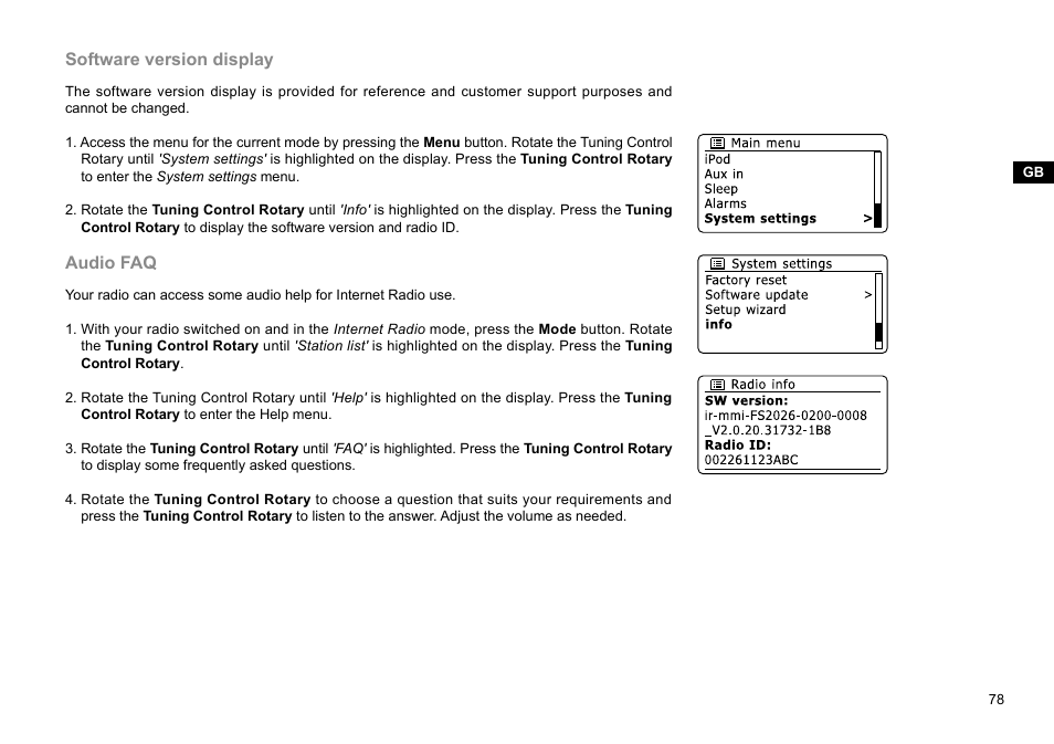 Software version display, Audio faq | Sangean WFR-29D (R1) User Manual | Page 79 / 84