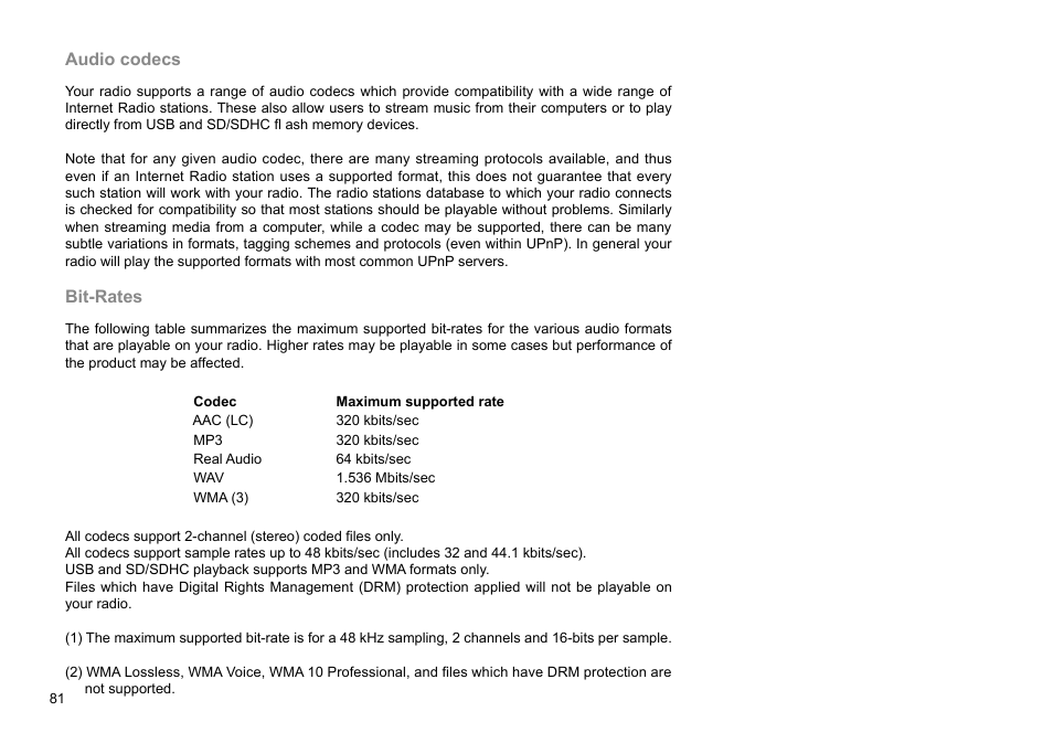 Audio codecs, Bit-rates | Sangean WFR-29D (R1) User Manual | Page 82 / 84