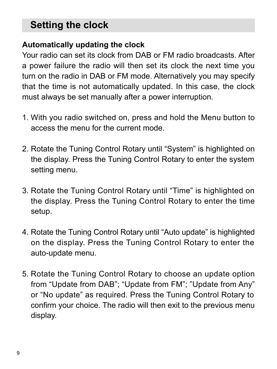 Setting the clock | Sangean DPR-16 (R1) User Manual | Page 10 / 39