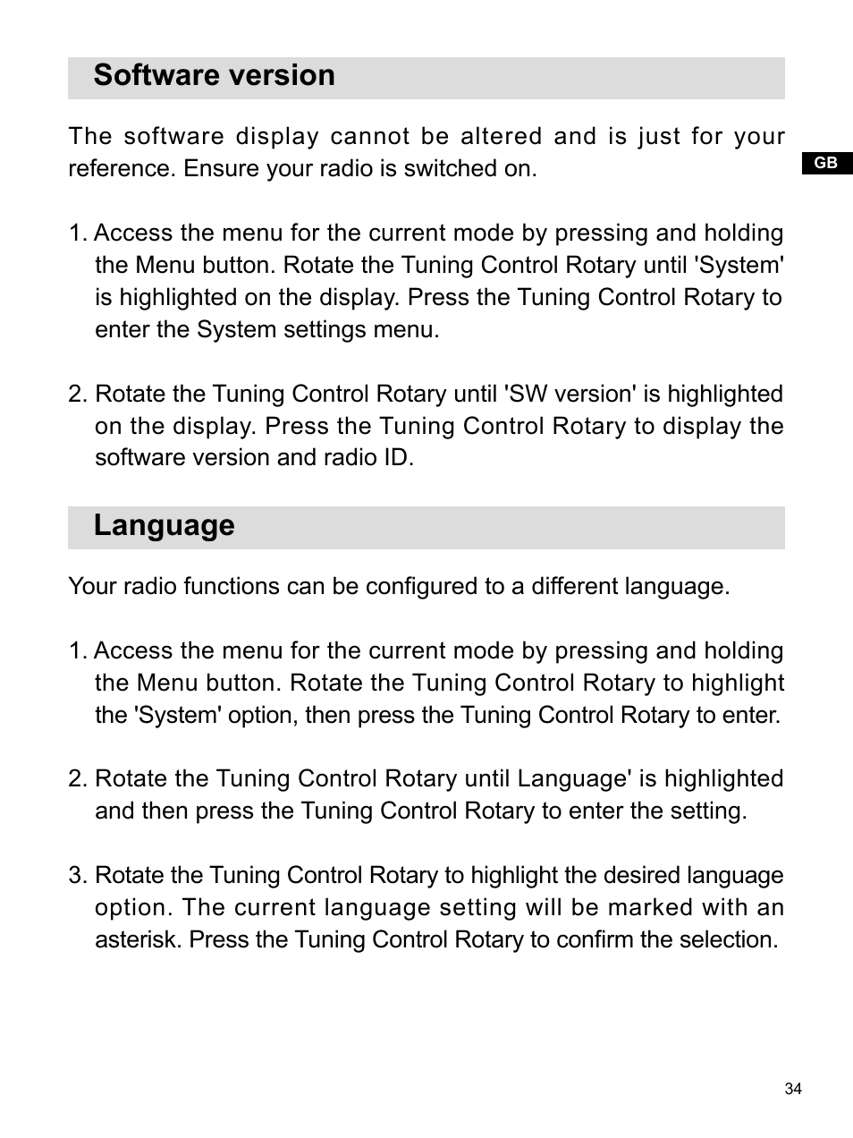 Software version, Language | Sangean DPR-16 (R1) User Manual | Page 35 / 39