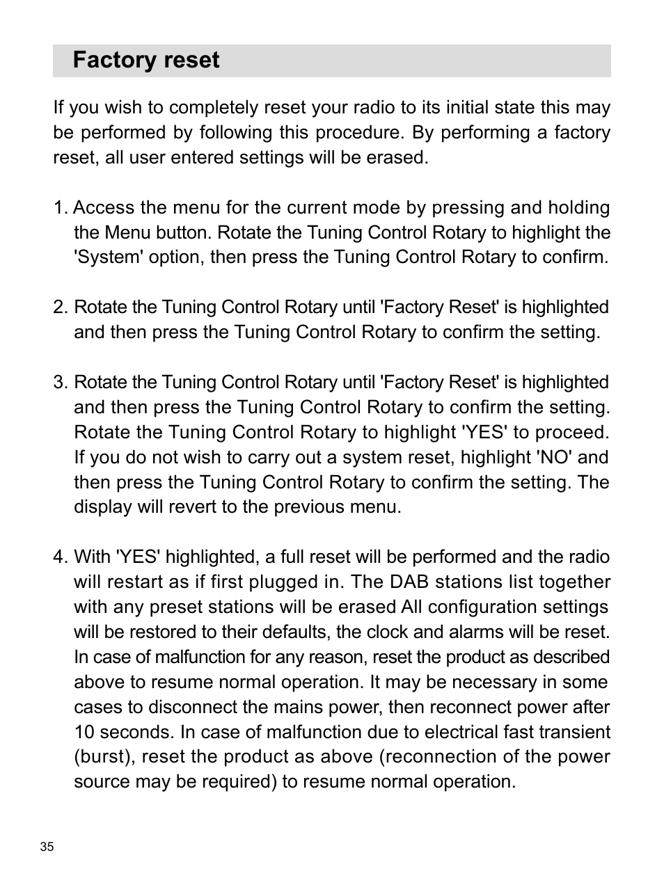 Factory reset | Sangean DPR-16 (R1) User Manual | Page 36 / 39