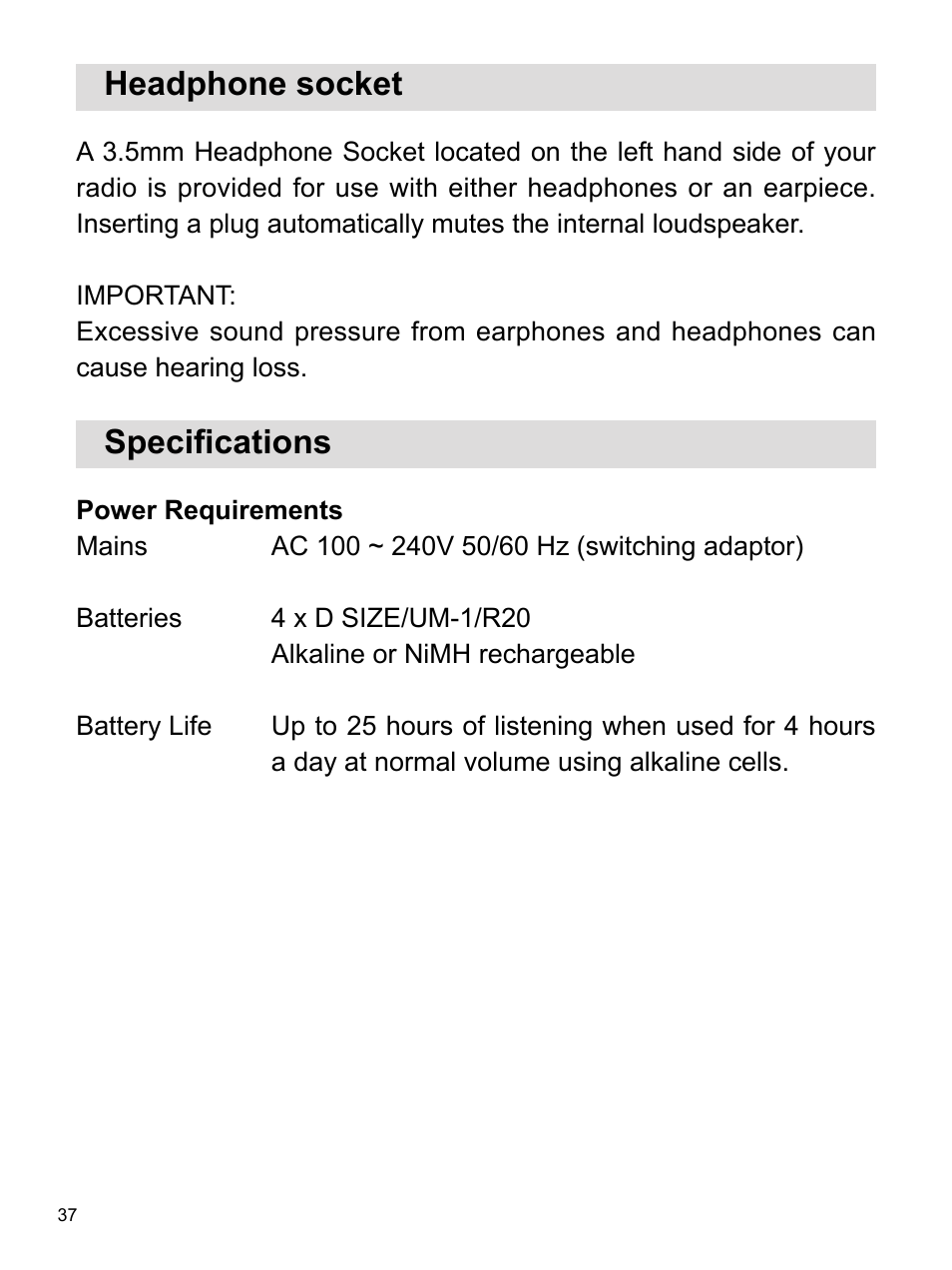 Headphone socket, Specifications | Sangean DPR-16 (R1) User Manual | Page 38 / 39