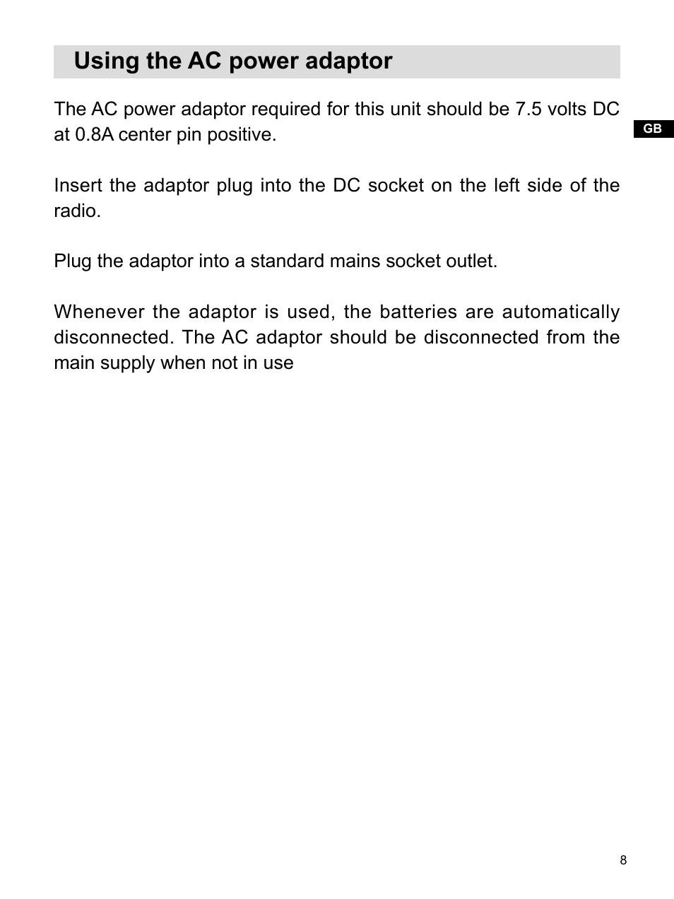 Using the ac power adaptor | Sangean DPR-16 (R1) User Manual | Page 9 / 39