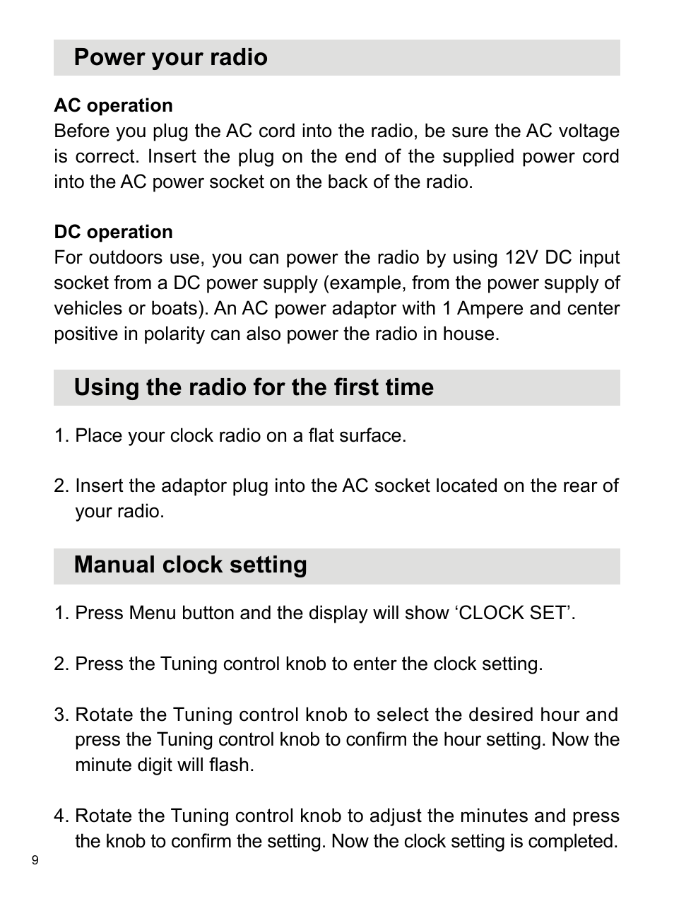 Power your radio, Using the radio for the first time, Manual clock setting | Sangean WR-2 (R1) User Manual | Page 10 / 30