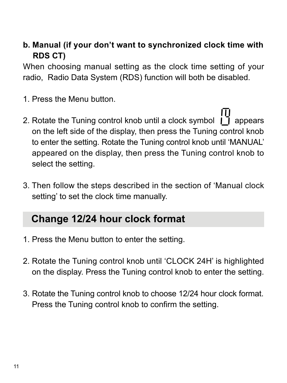 Change 12/24 hour clock format | Sangean WR-2 (R1) User Manual | Page 12 / 30