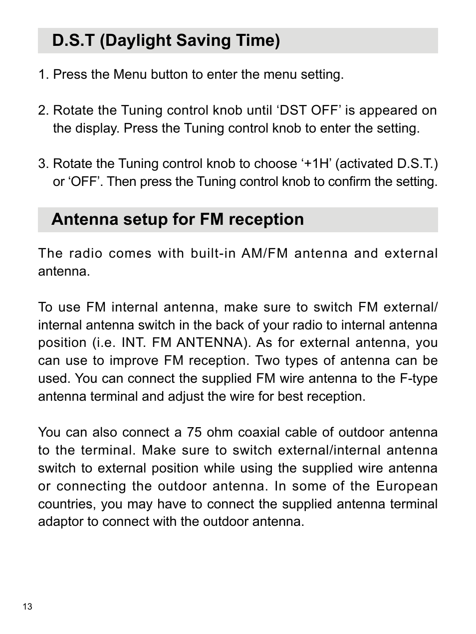 D.s.t (daylight saving time), Antenna setup for fm reception | Sangean WR-2 (R1) User Manual | Page 14 / 30