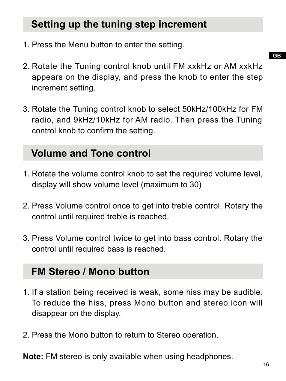 Setting up the tuning step increment, Volume and tone control, Fm stereo / mono button | Sangean WR-2 (R1) User Manual | Page 17 / 30