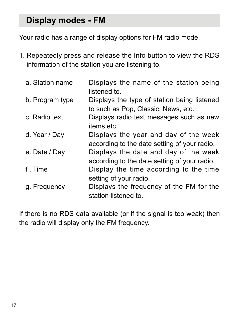 Display modes - fm | Sangean WR-2 (R1) User Manual | Page 18 / 30