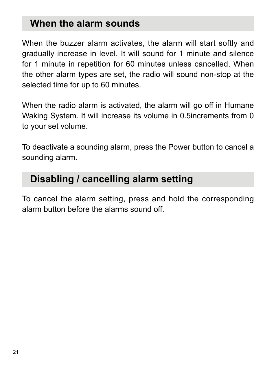 When the alarm sounds, Disabling / cancelling alarm setting | Sangean WR-2 (R1) User Manual | Page 22 / 30