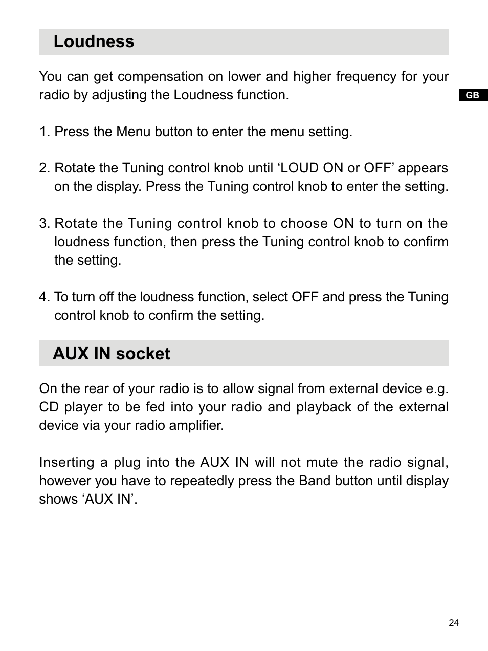 Loudness, Aux in socket | Sangean WR-2 (R1) User Manual | Page 25 / 30