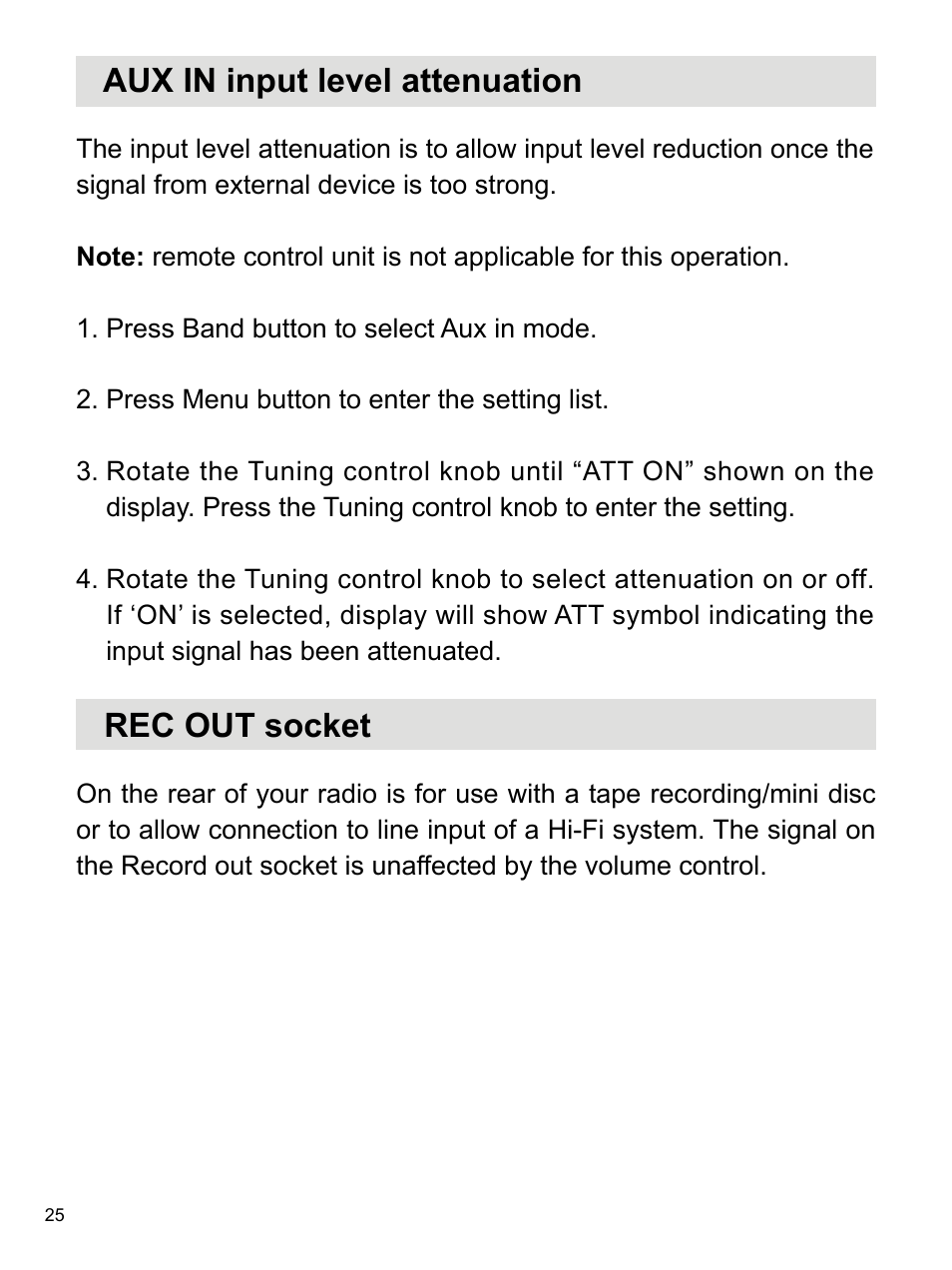 Aux in input level attenuation, Rec out socket | Sangean WR-2 (R1) User Manual | Page 26 / 30