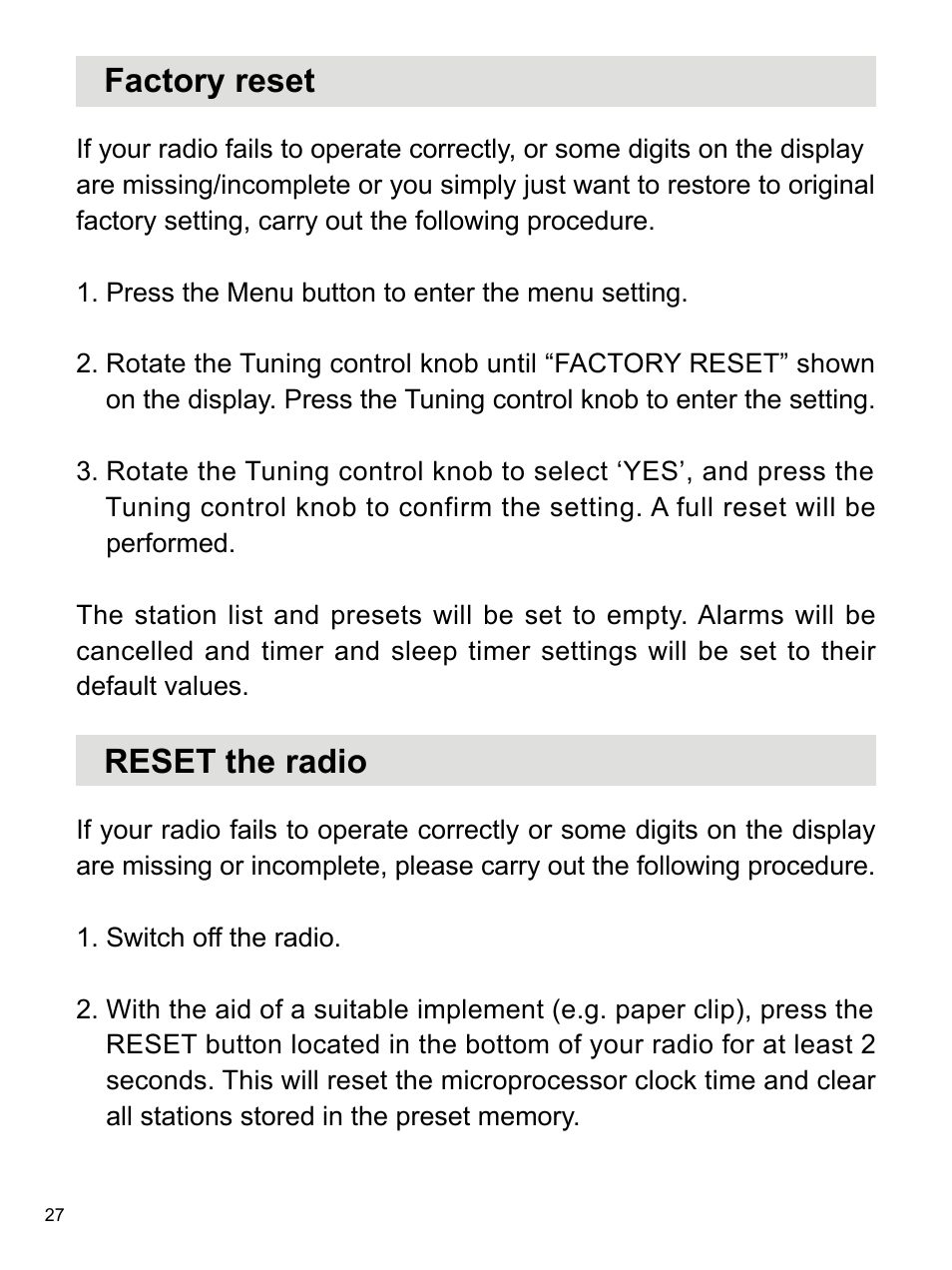 Factory reset, Reset the radio | Sangean WR-2 (R1) User Manual | Page 28 / 30