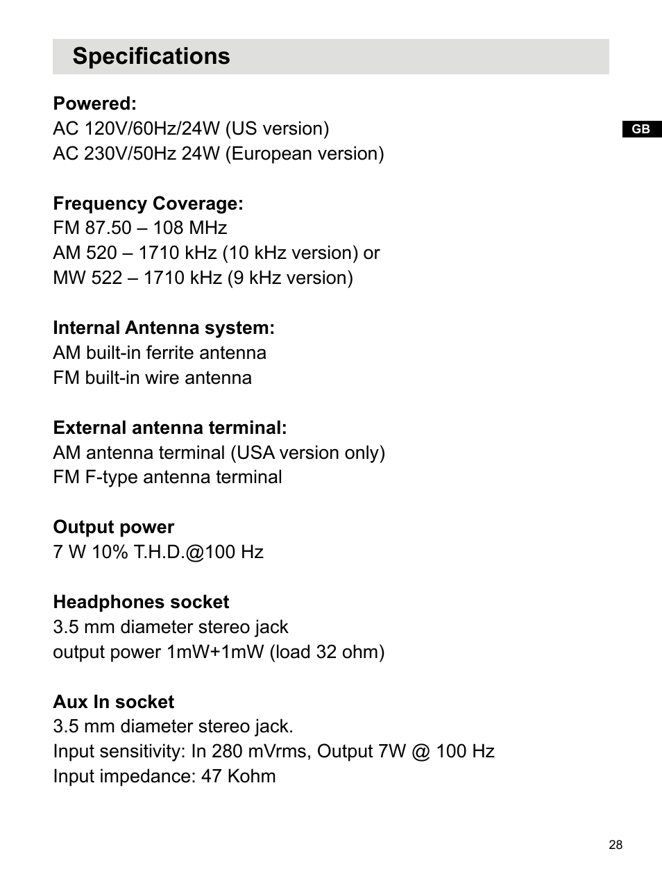 Specifications | Sangean WR-2 (R1) User Manual | Page 29 / 30