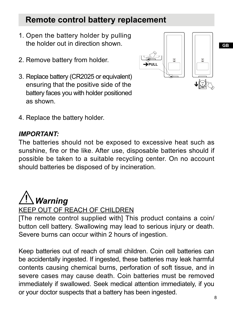 Remote control battery replacement, Warning | Sangean WR-2 (R1) User Manual | Page 9 / 30