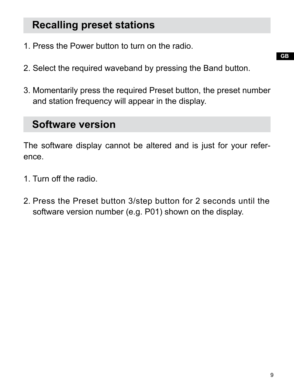 Recalling preset stations, Software version | Sangean H201 (R1) User Manual | Page 10 / 16