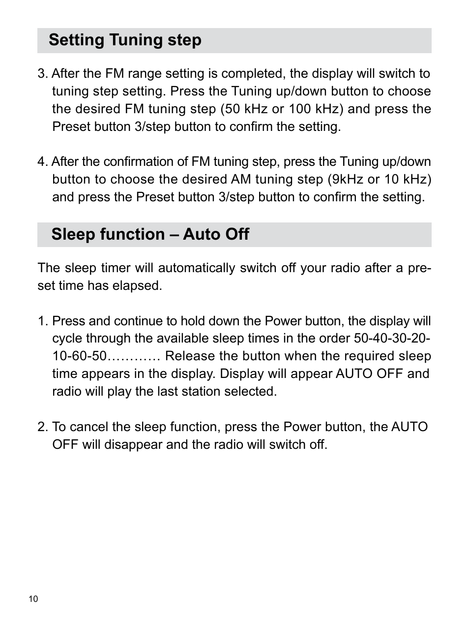 Setting tuning step, Sleep function – auto off | Sangean H201 (R1) User Manual | Page 11 / 16