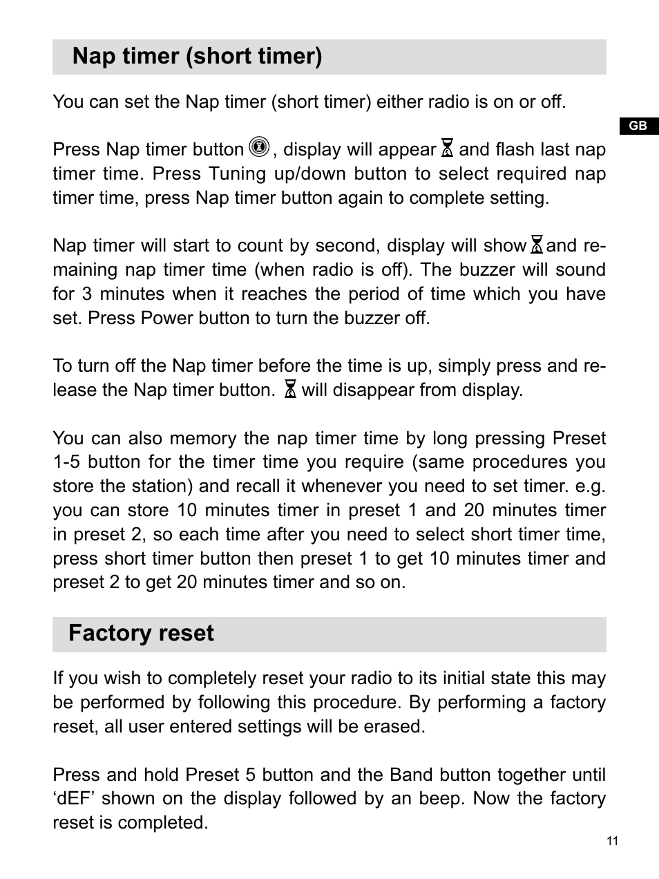 Nap timer (short timer), Factory reset | Sangean H201 (R1) User Manual | Page 12 / 16