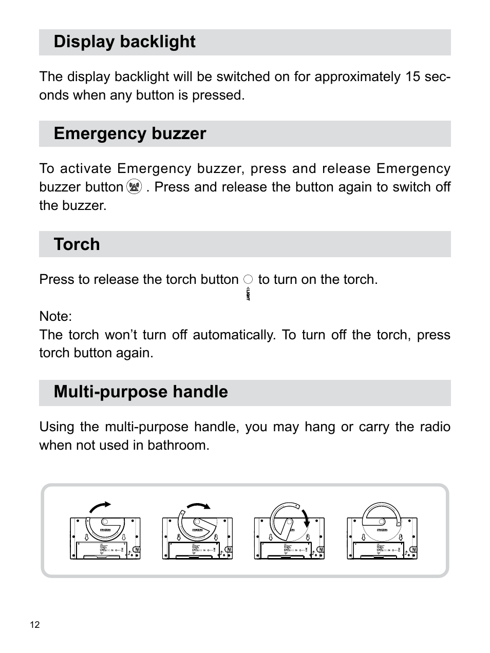 Display backlight, Emergency buzzer, Torch | Multi-purpose handle | Sangean H201 (R1) User Manual | Page 13 / 16