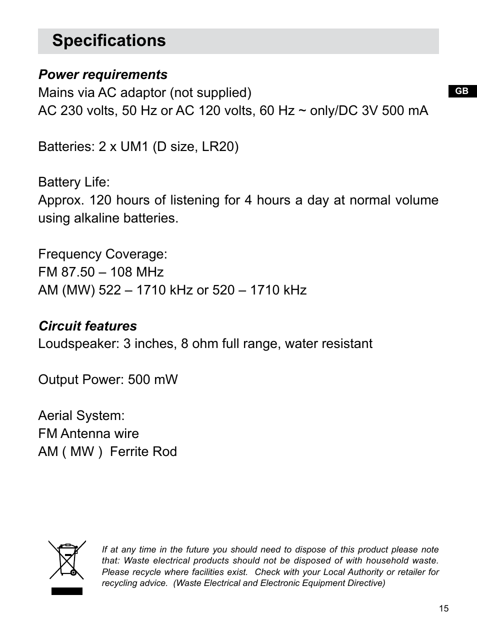 Specifications | Sangean H201 (R1) User Manual | Page 16 / 16