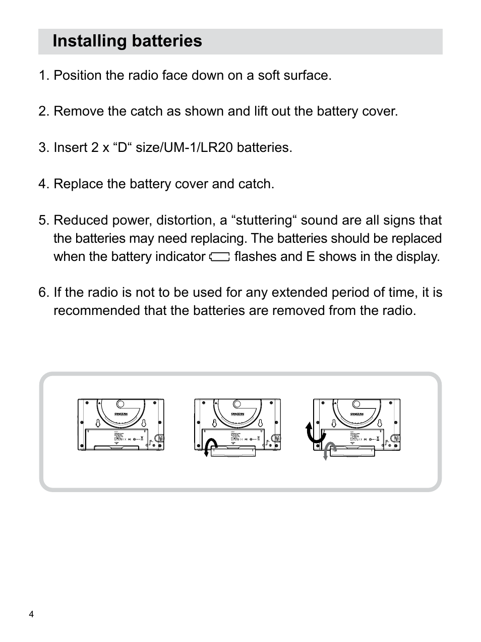 Installing batteries | Sangean H201 (R1) User Manual | Page 5 / 16