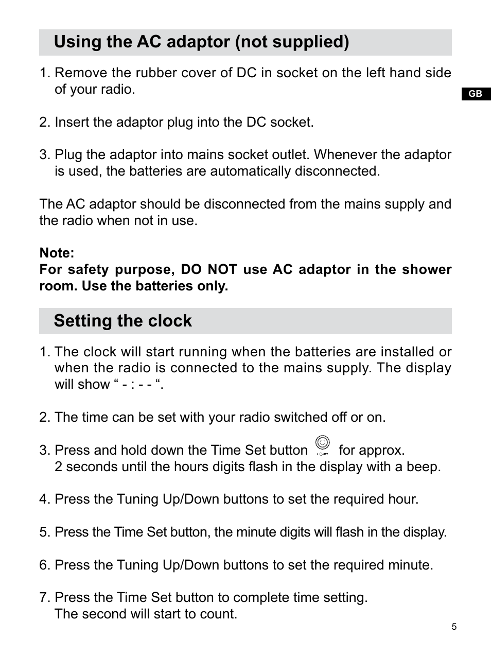 Using the ac adaptor (not supplied), Setting the clock | Sangean H201 (R1) User Manual | Page 6 / 16