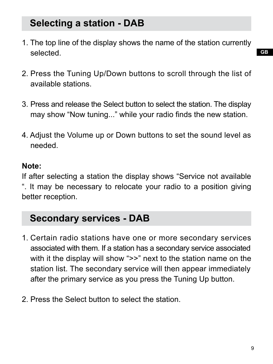 Selecting a station - dab, Secondary services - dab | Sangean H203D (R1) User Manual | Page 10 / 26