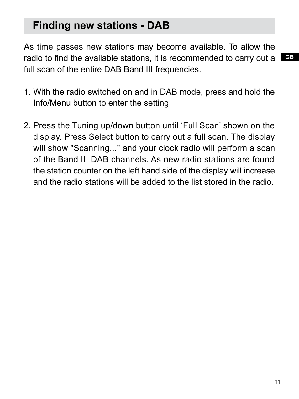 Finding new stations - dab | Sangean H203D (R1) User Manual | Page 12 / 26