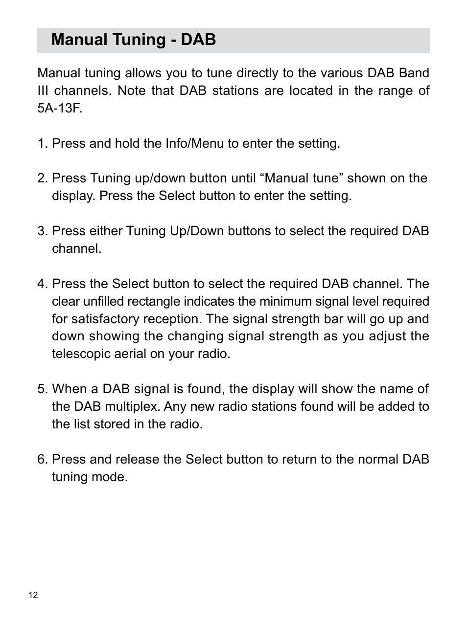 Manual tuning - dab | Sangean H203D (R1) User Manual | Page 13 / 26