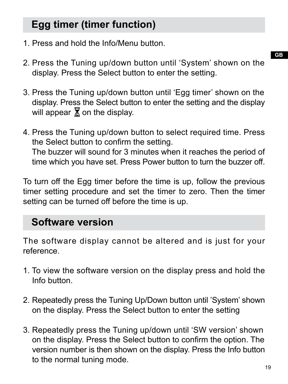 Egg timer (timer function), Software version | Sangean H203D (R1) User Manual | Page 20 / 26