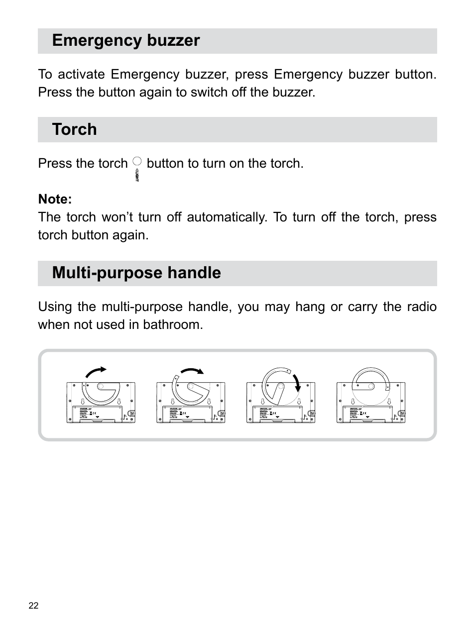 Emergency buzzer, Torch, Multi-purpose handle | Sangean H203D (R1) User Manual | Page 23 / 26