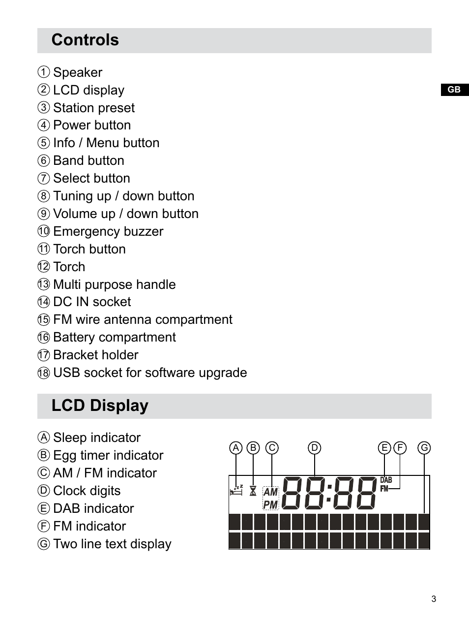 Controls, Lcd display | Sangean H203D (R1) User Manual | Page 4 / 26