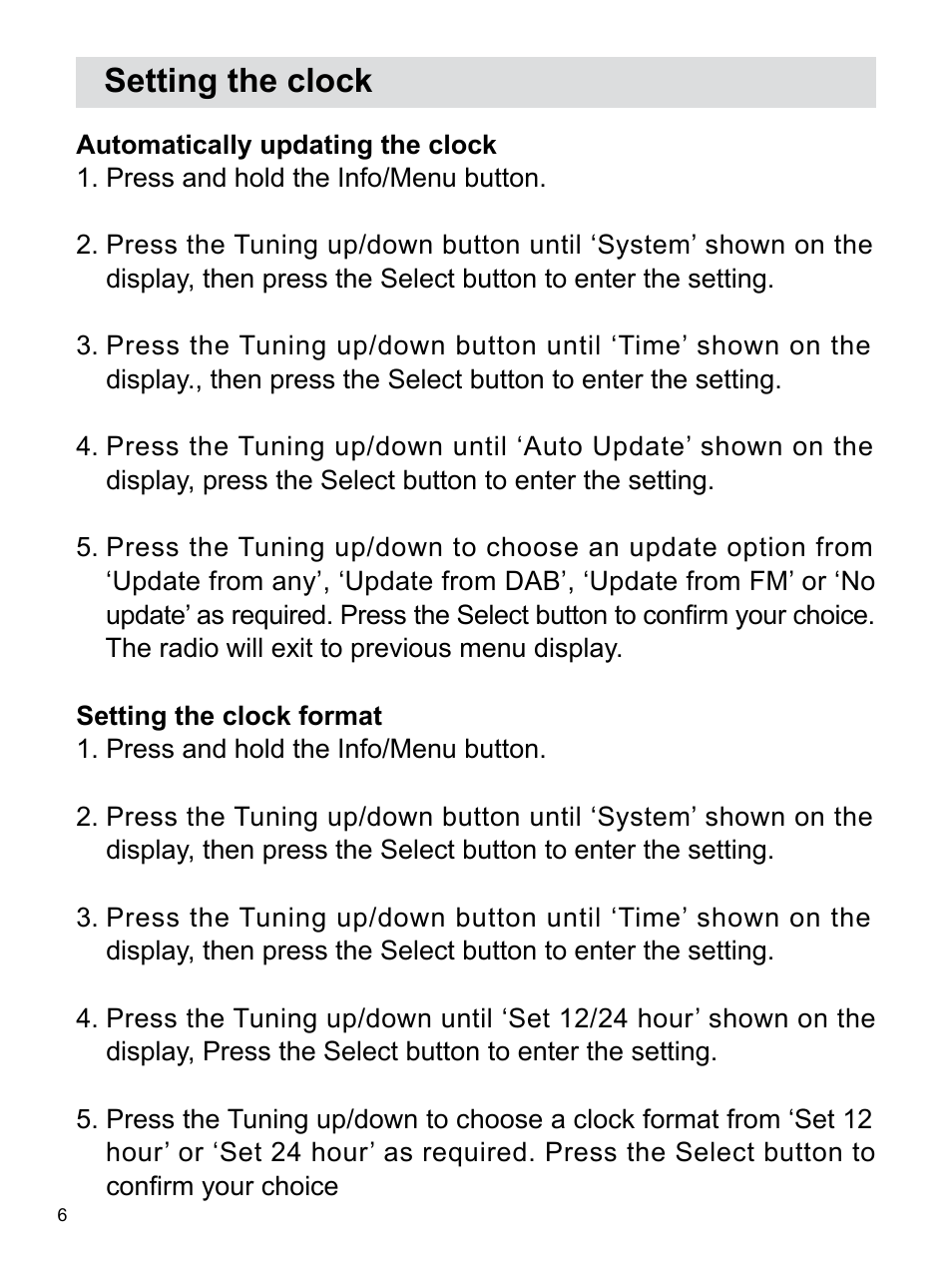 Setting the clock | Sangean H203D (R1) User Manual | Page 7 / 26